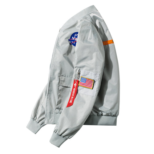 Männer's  leichte Raumfahrt Bomberjacke mit abnehmbarem Flaggenpatch und Reißverschluss-Ärmeltasche Echo Archiv