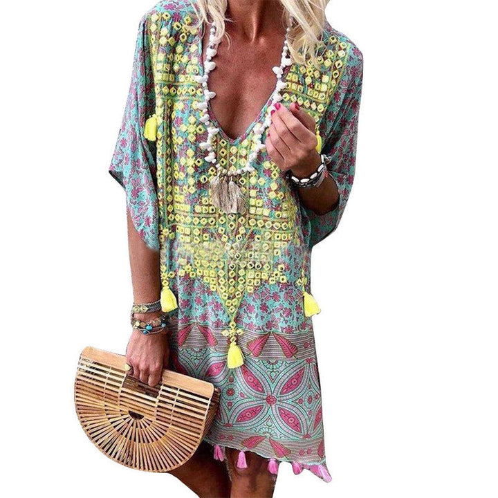 Damen Boho-Chic Kaftan mit V-Ausschnitt und Tassel-Details Echoarchiv