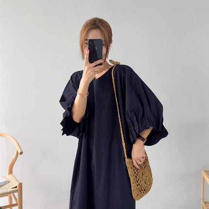 Damen Oversized V-Ausschnitt Baumwollkleid mit Volantärmeln Echoarchiv