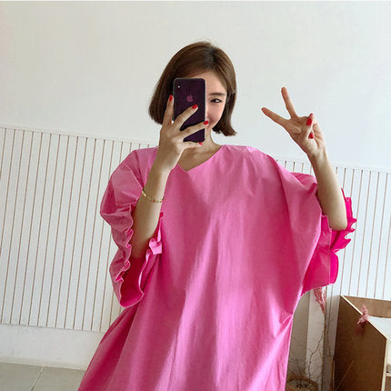 Damen Oversized V-Ausschnitt Baumwollkleid mit Volantärmeln Echoarchiv