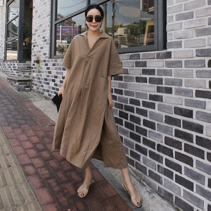 Damen Weites Hemdkleid aus Leinenmix mit Kentkragen, Kurzarm und Seitenschlitzen – Lunéa