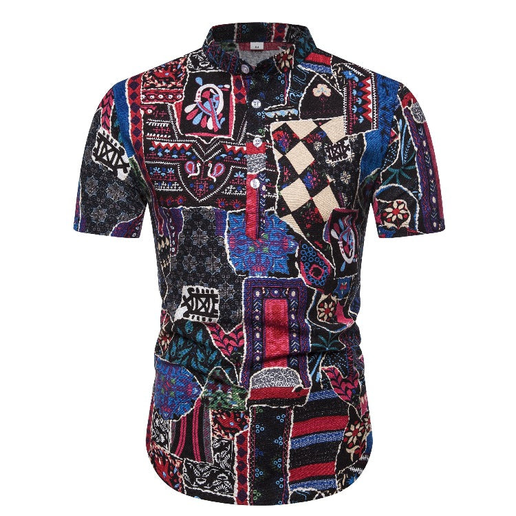 Herren Kurzarmhemd mit buntem Patchwork-Muster Echoarchiv