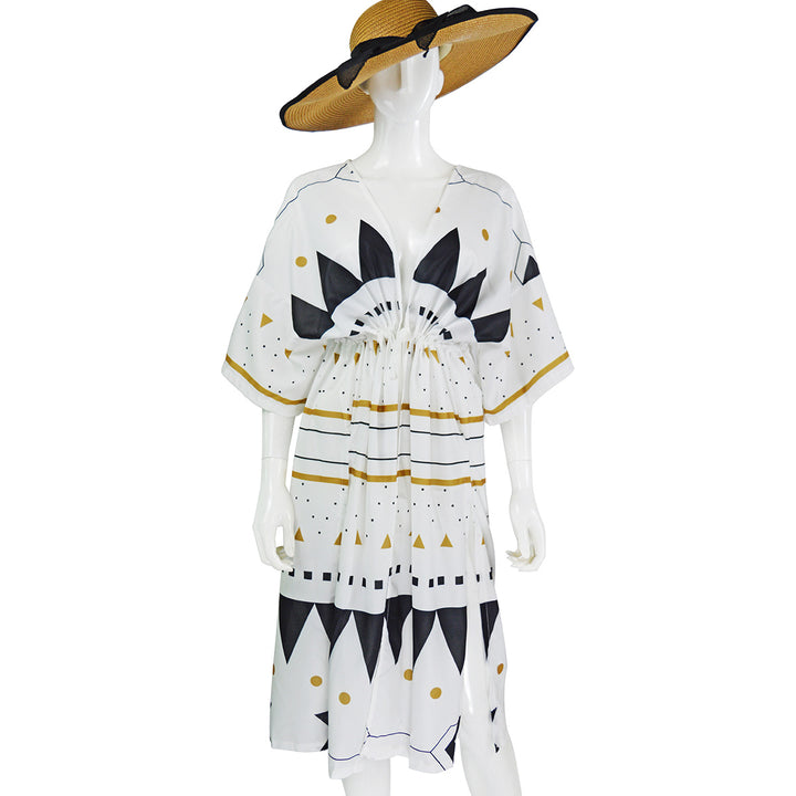 Damen Midikleid-Kaftan mit V-Ausschnitt, Tunnelzug-Taillenraffung & grafischem Print – Élara