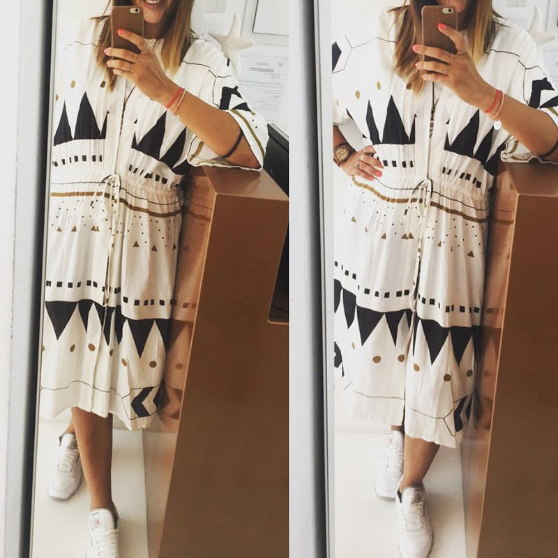 Damen Midikleid-Kaftan mit V-Ausschnitt, Tunnelzug-Taillenraffung & grafischem Print – Élara
