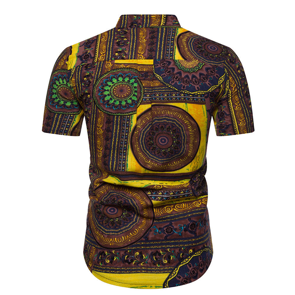 Herren Kurzarmhemd mit kreativem Ethno-Muster und modernem Henley-Ausschnitt Echoarchiv