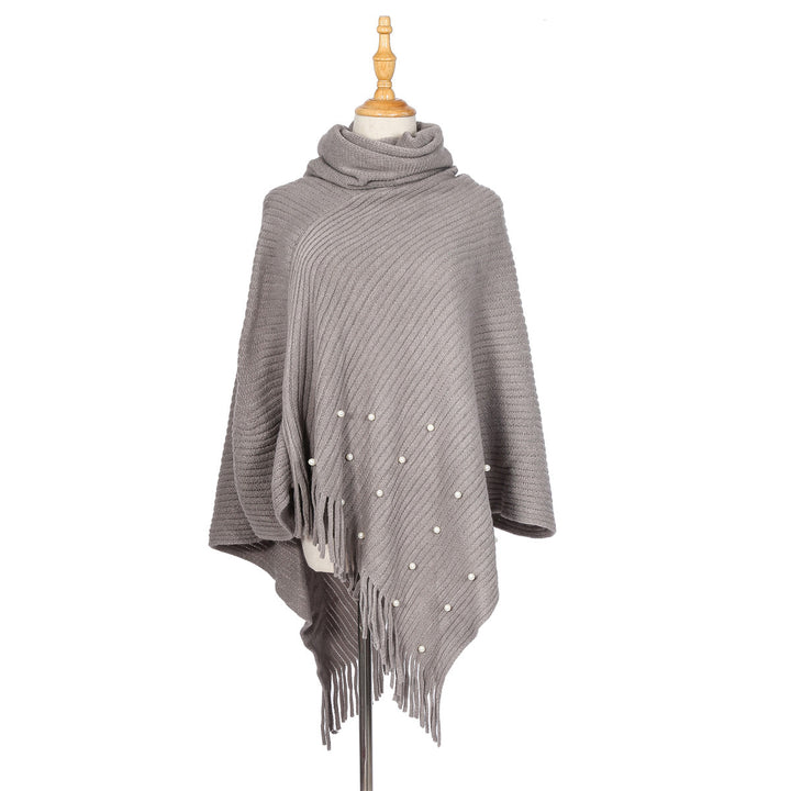 Damen Feinstrick-Poncho mit Rollkragen, Perlenapplikation und Fransensaum Echo Archiv