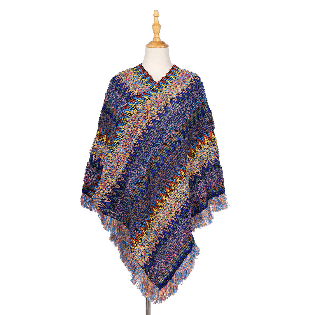 Damen Mehrfarbiger Grobstrick-Poncho mit Zickzack-Jacquard und Fransen Echo Archiv