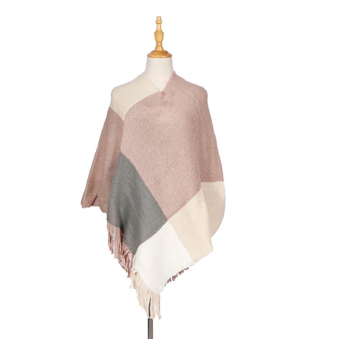 Damen Oversize-Ruana-Poncho mit farbigen Blockelementen und Fransensaum Echo Archiv