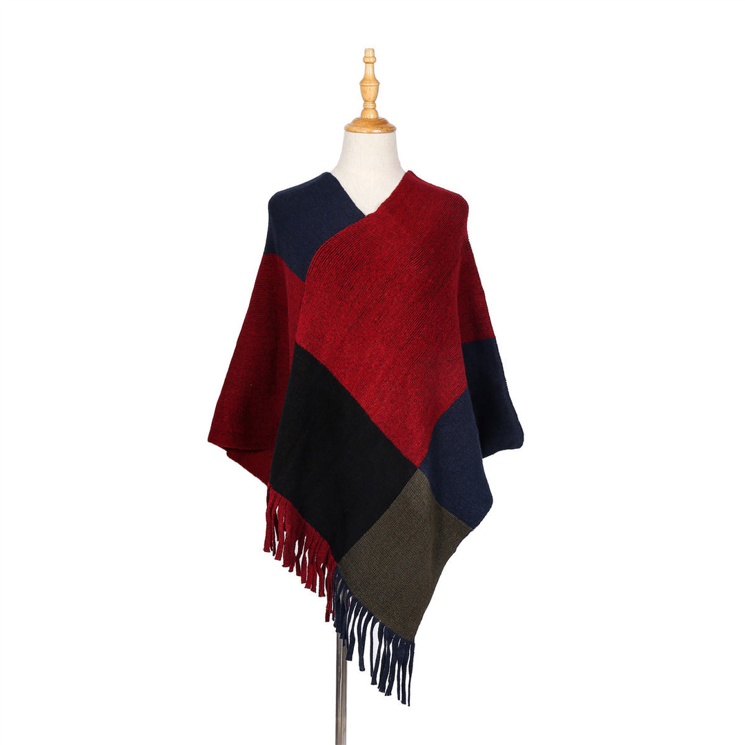 Damen Oversize-Ruana-Poncho mit farbigen Blockelementen und Fransensaum Echo Archiv
