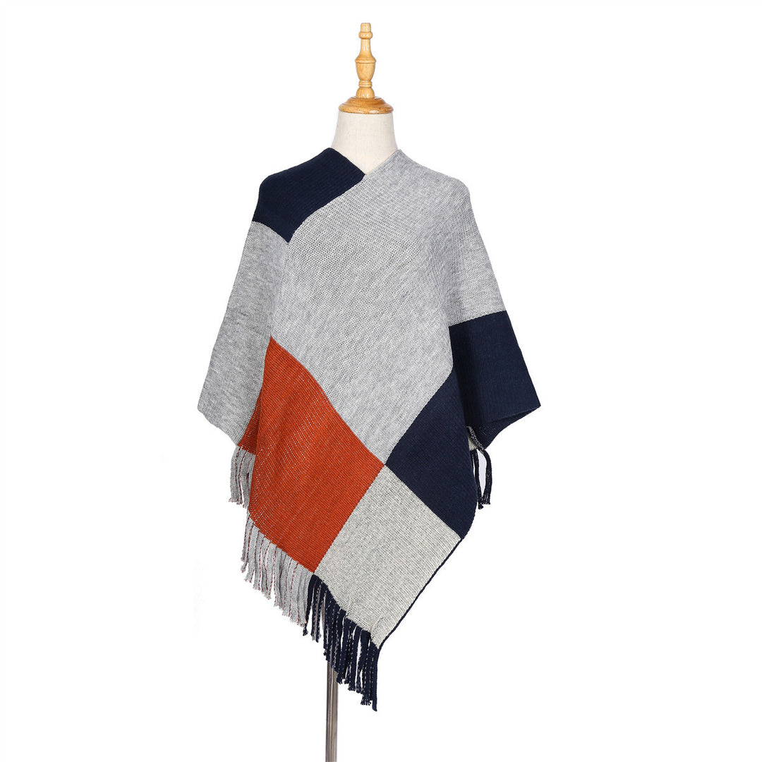 Damen Oversize-Ruana-Poncho mit farbigen Blockelementen und Fransensaum Echo Archiv