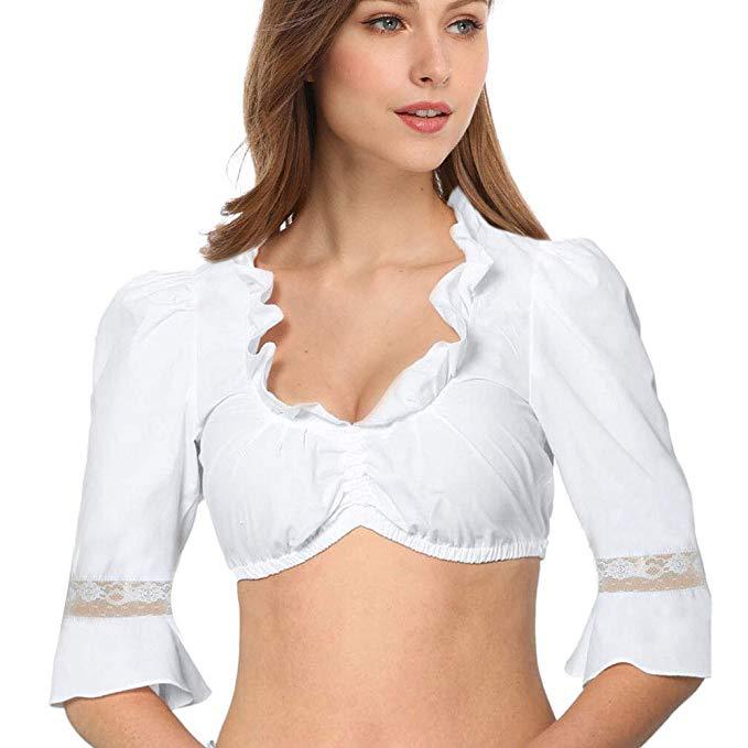 Damen  traditionelle Dirndlbluse mit Rüschenausschnitt und Spitzenbesatz sowie dreiviertelärmel Echo Archiv