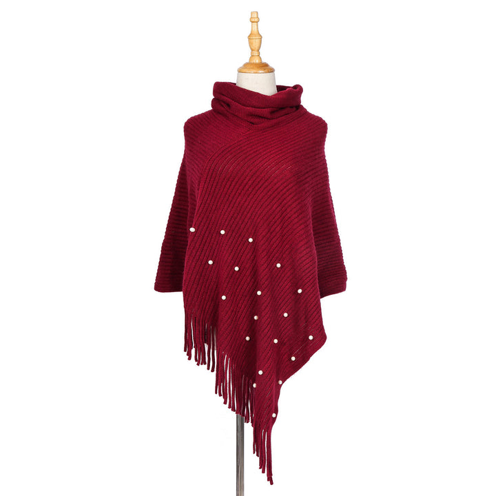 Damen Feinstrick-Poncho mit Rollkragen, Perlenapplikation und Fransensaum Echo Archiv