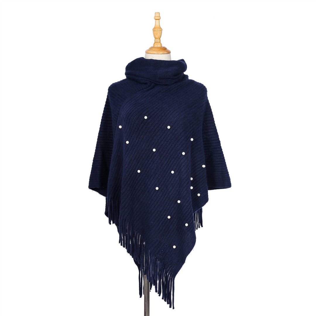 Damen Feinstrick-Poncho mit Rollkragen, Perlenapplikation und Fransensaum Echo Archiv