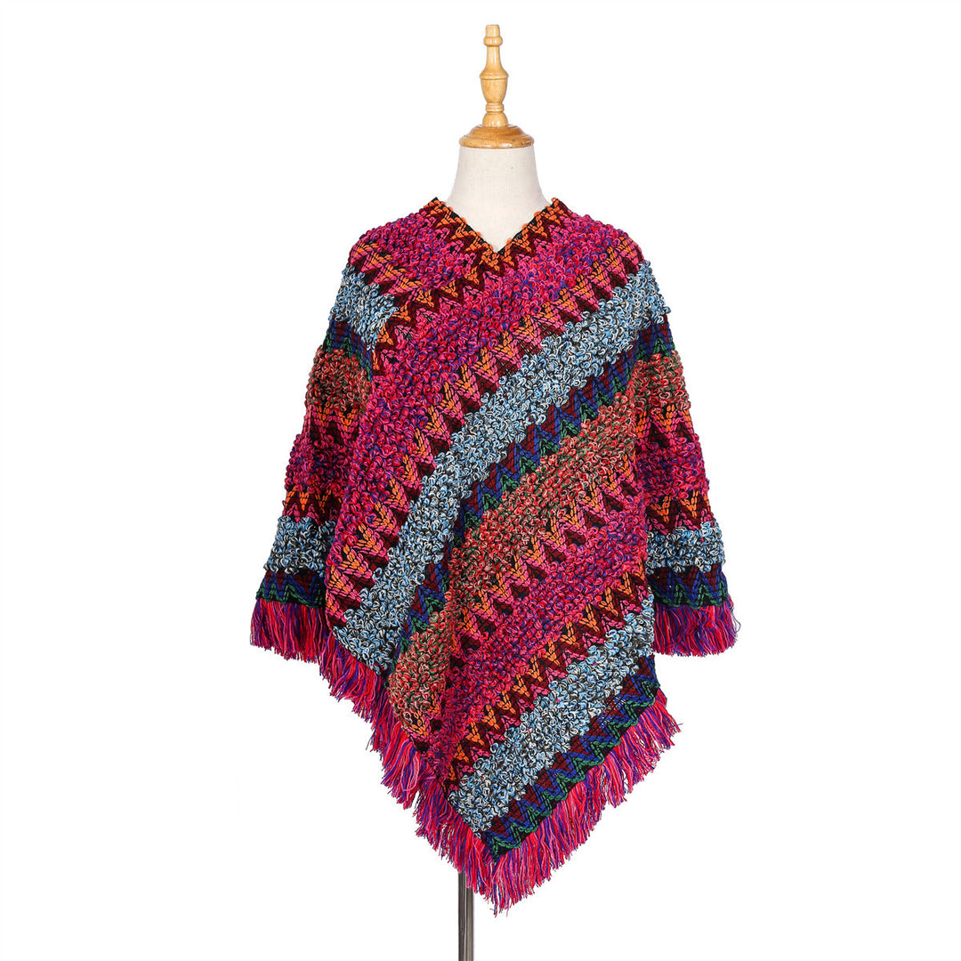 Damen Mehrfarbiger Grobstrick-Poncho mit Zickzack-Jacquard und Fransen Echo Archiv