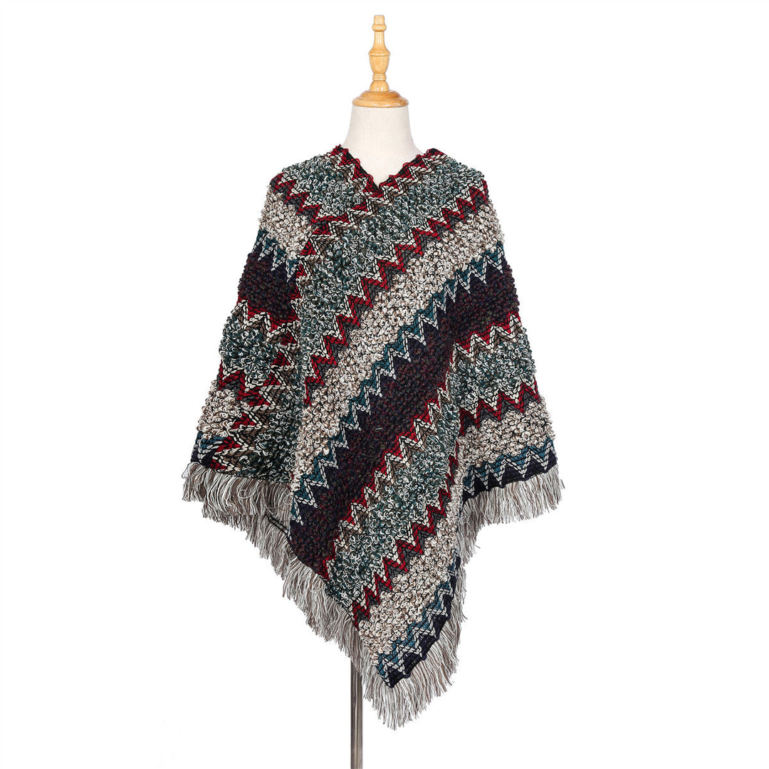 Damen Mehrfarbiger Grobstrick-Poncho mit Zickzack-Jacquard und Fransen Echo Archiv