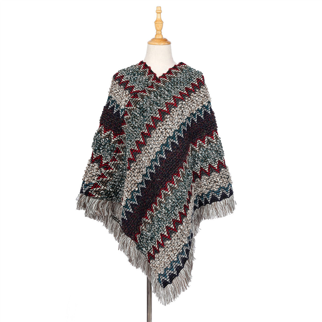 Damen Mehrfarbiger Grobstrick-Poncho mit Zickzack-Jacquard und Fransen – Veloura