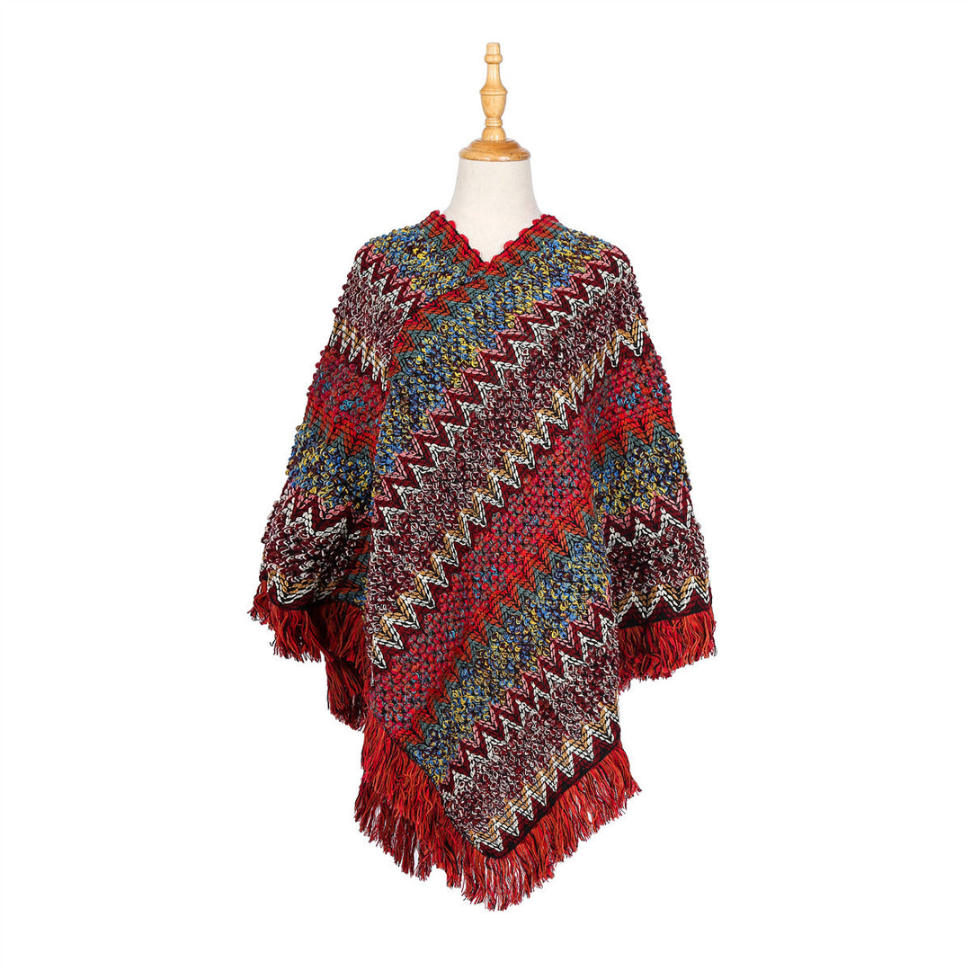 Damen Mehrfarbiger Grobstrick-Poncho mit Zickzack-Jacquard und Fransen Echo Archiv