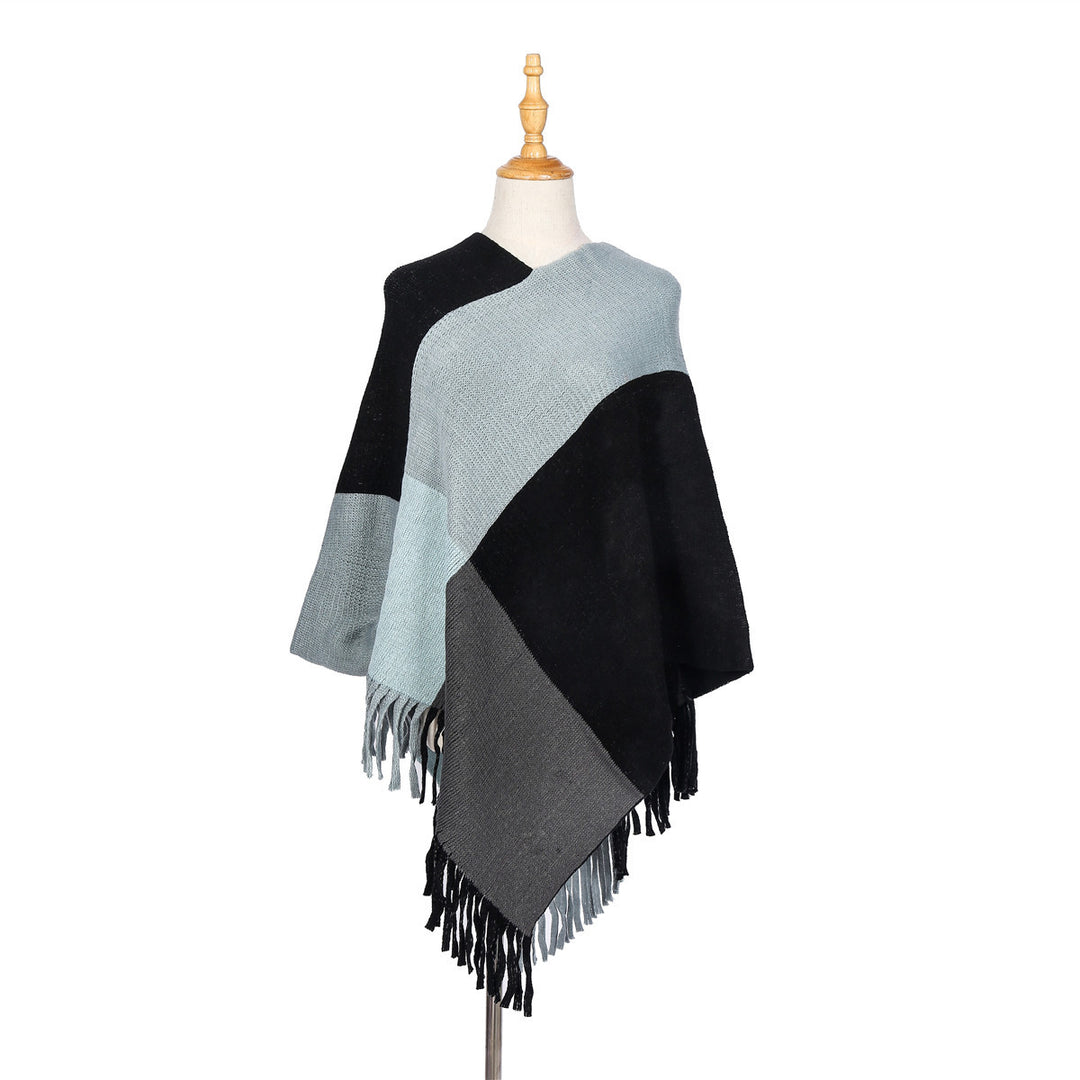 Damen Oversize-Ruana-Poncho mit farbigen Blockelementen und Fransensaum Echo Archiv