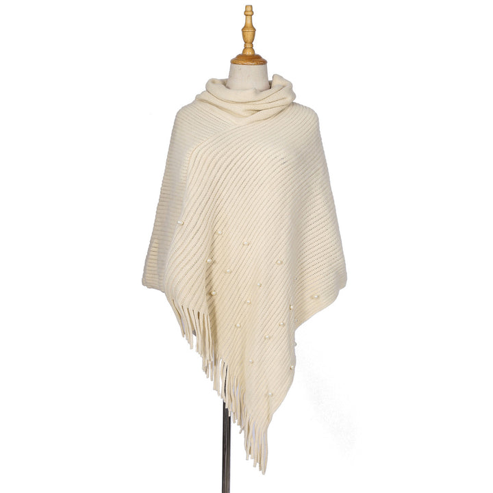 Damen Feinstrick-Poncho mit Rollkragen, Perlenapplikation und Fransensaum Echo Archiv