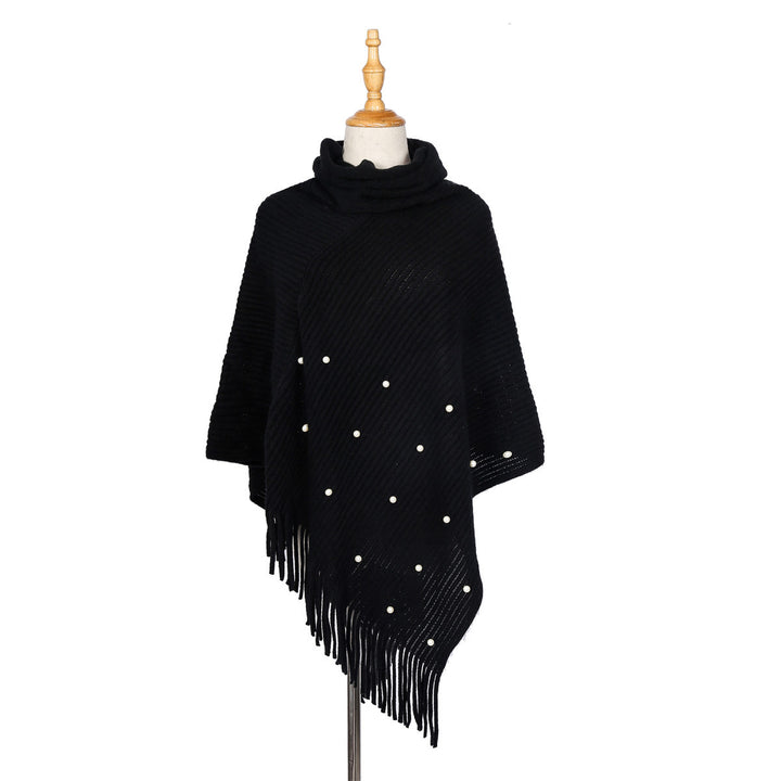 Damen Feinstrick-Poncho mit Rollkragen, Perlenapplikation und Fransensaum Echo Archiv
