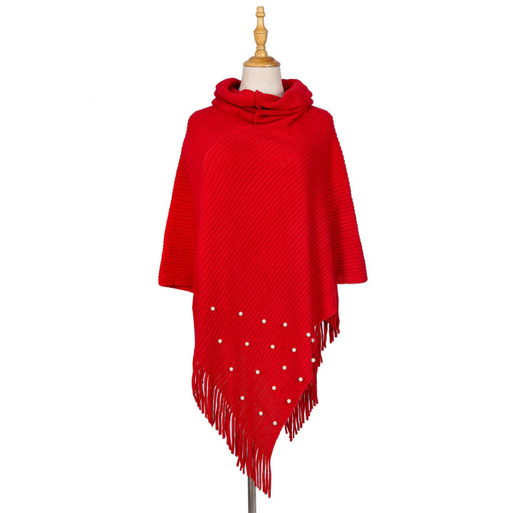 Damen Feinstrick-Poncho mit Rollkragen, Perlenapplikation und Fransensaum Echo Archiv