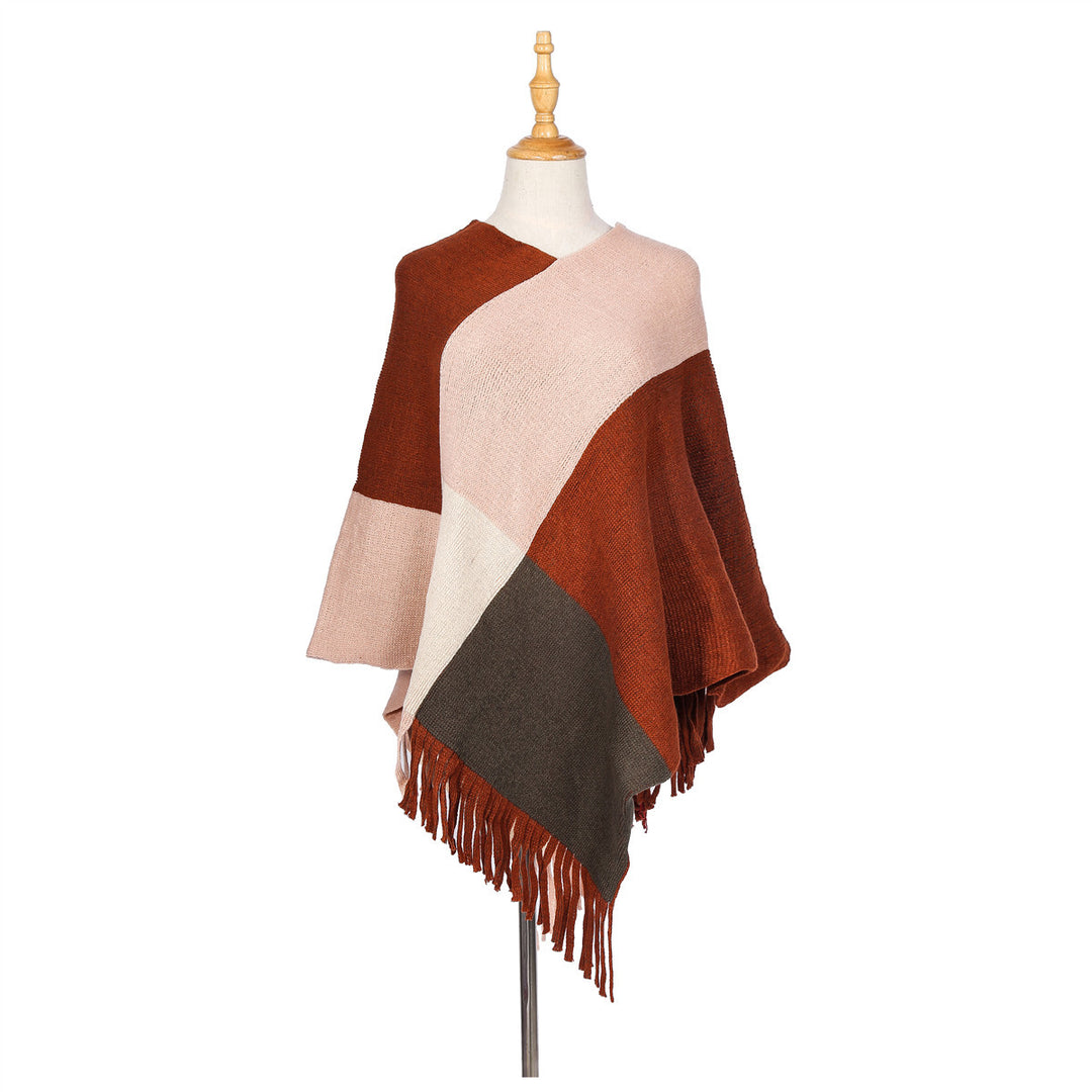 Damen Oversize-Ruana-Poncho mit farbigen Blockelementen und Fransensaum Echo Archiv