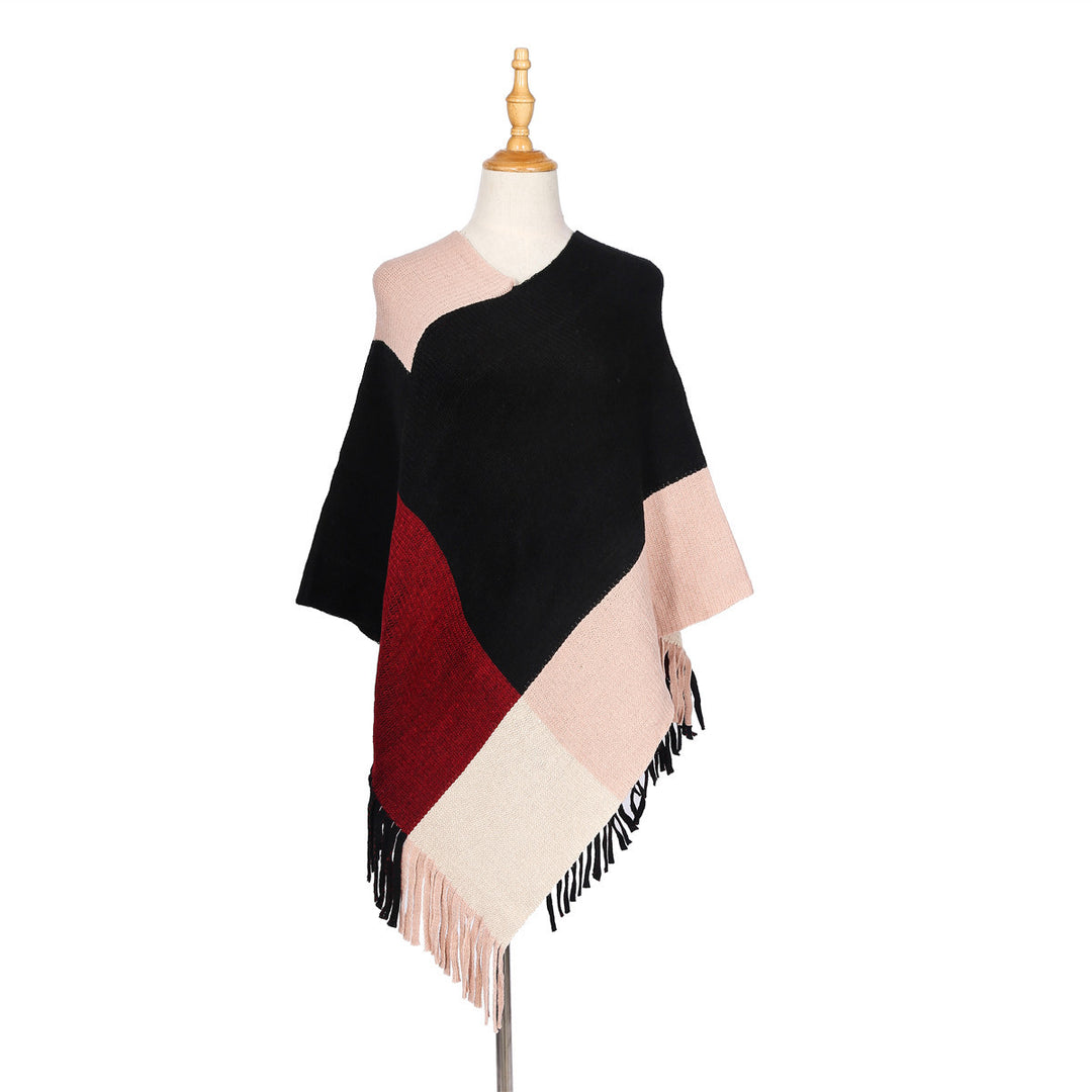 Damen Oversize-Ruana-Poncho mit farbigen Blockelementen und Fransensaum Echo Archiv