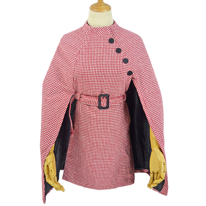 Damen Cape‑Mantel mit Hahnentrittmuster, Taillengürtel und asymmetrischer Knopfleiste – Montévia