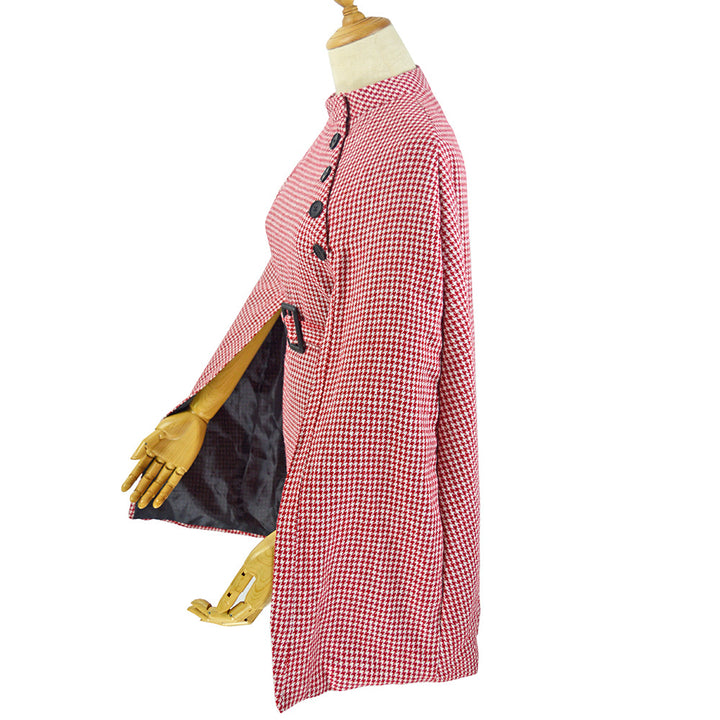 Damen Cape‑Mantel mit Hahnentrittmuster, Taillengürtel und asymmetrischer Knopfleiste – Montévia