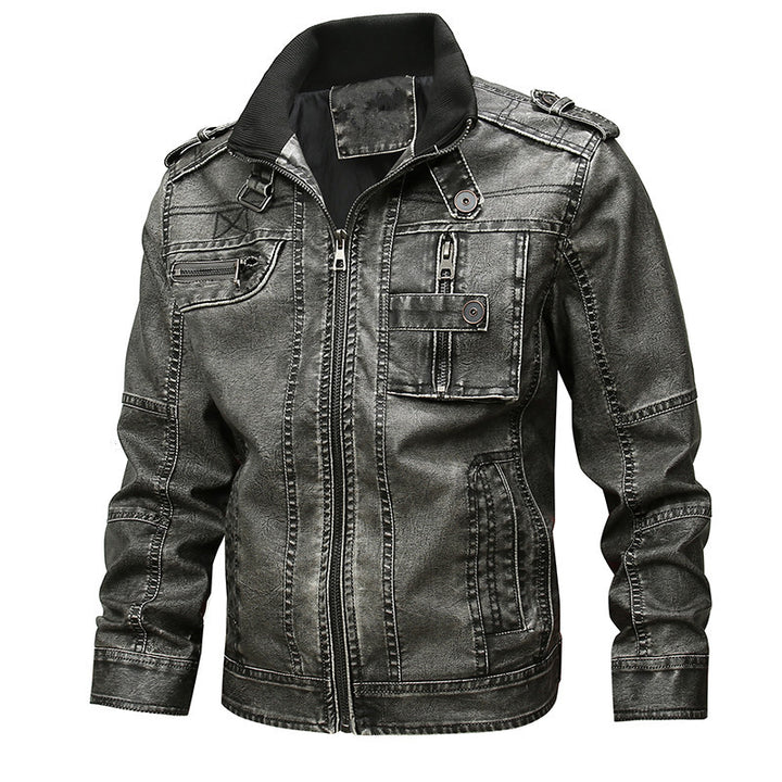 Herren Vintage-inspirierte Bikerjacke in Lederoptik mit Utility-Taschen und Stehkragen Echoarchiv
