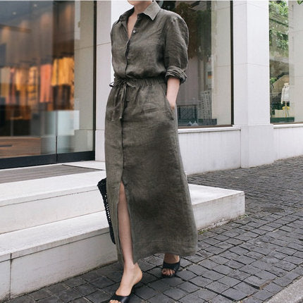 Damen Hemdkleid-Midi aus Leinenmix mit Taillenband und kastigem Schnitt – Élara
