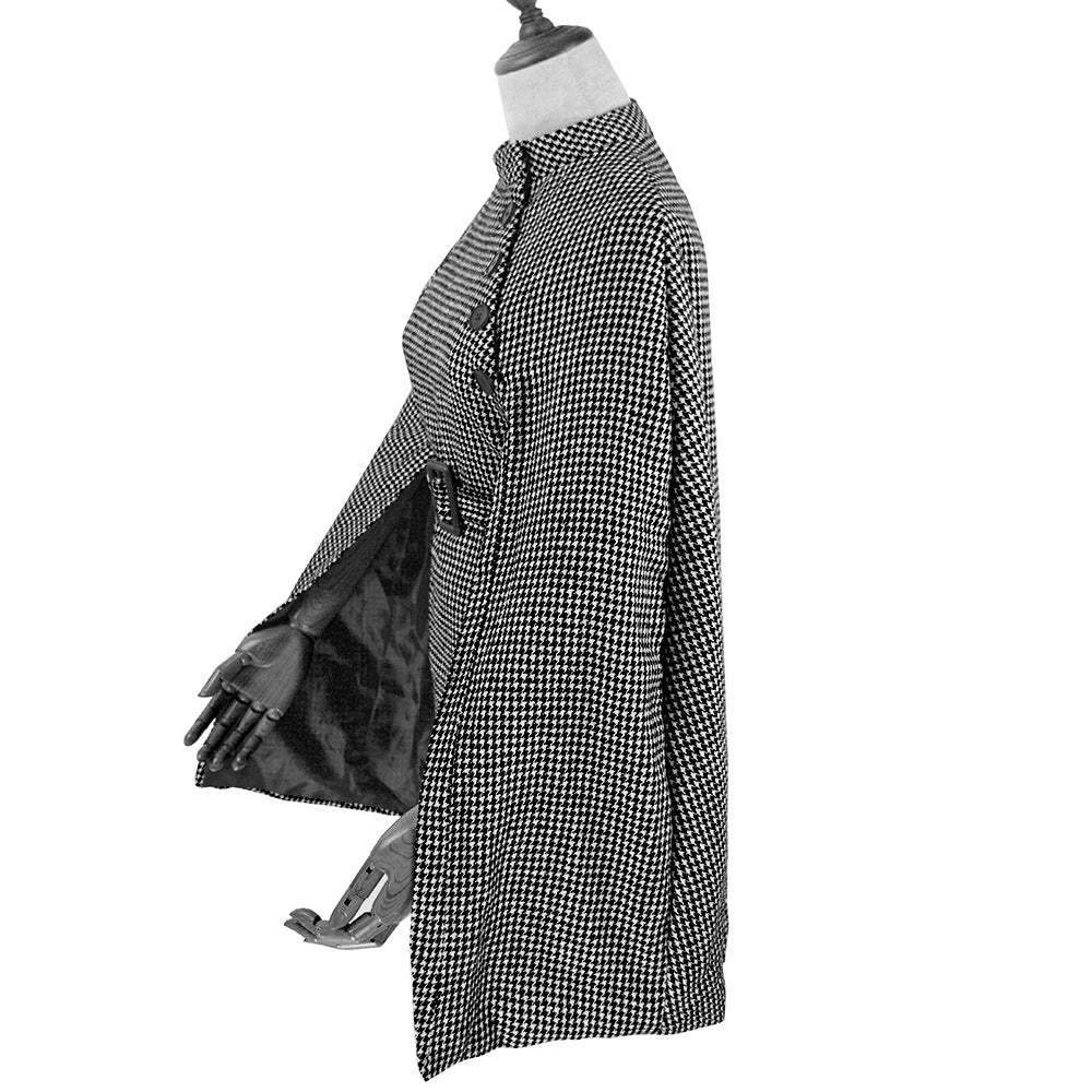 Damen Cape‑Mantel mit Hahnentrittmuster, Taillengürtel und asymmetrischer Knopfleiste – Montévia