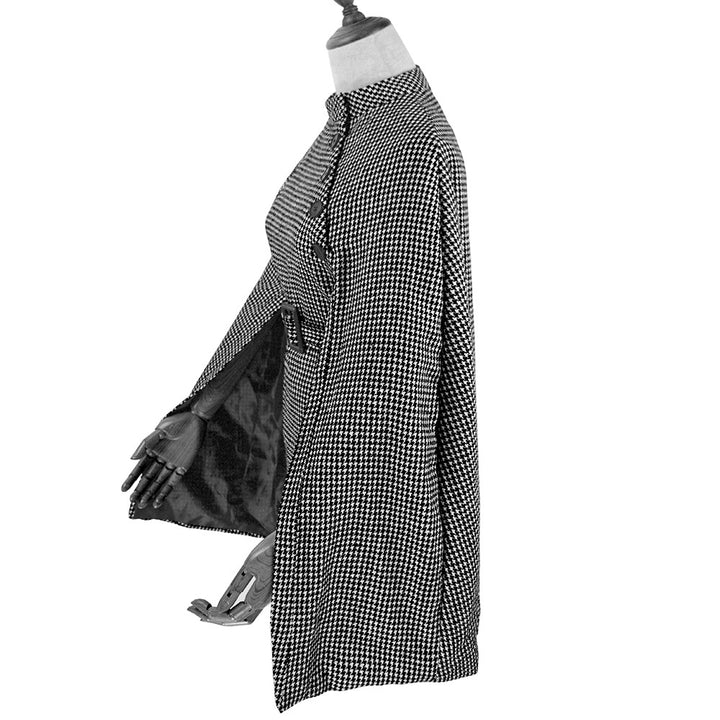 Damen Cape‑Mantel mit Hahnentrittmuster, Taillengürtel und asymmetrischer Knopfleiste – Montévia