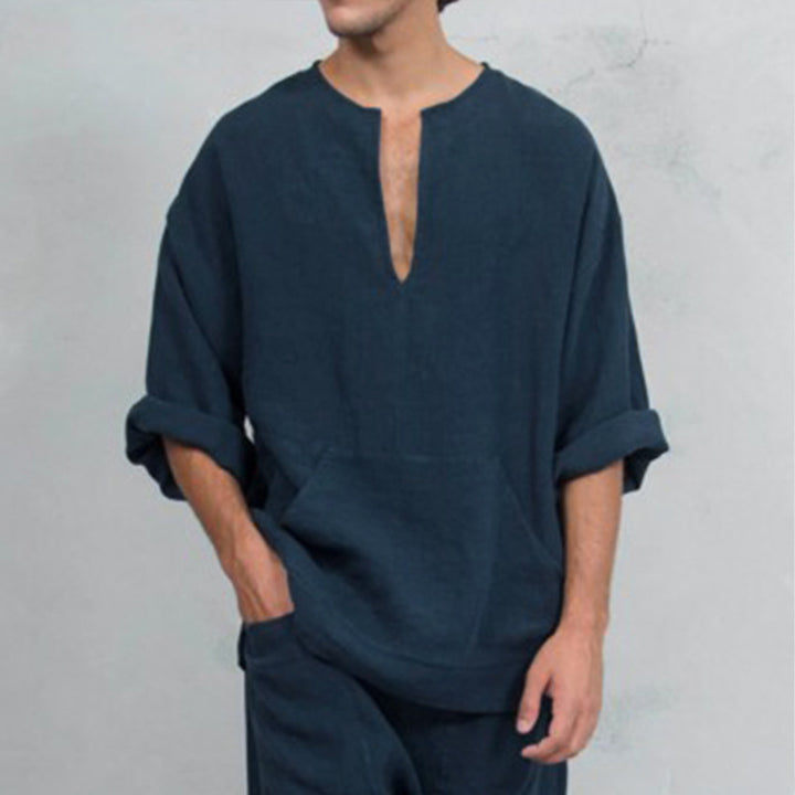 Herren lässiges Leinenoberteil mit Henley-Ausschnitt und praktischer Kängurutasche Echoarchiv