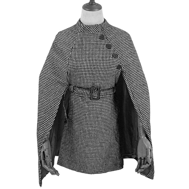 Damen Cape‑Mantel mit Hahnentrittmuster, Taillengürtel und asymmetrischer Knopfleiste – Montévia