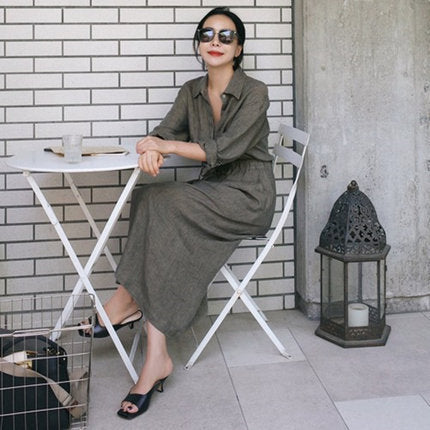 Damen Hemdkleid-Midi aus Leinenmix mit Taillenband und kastigem Schnitt – Élara
