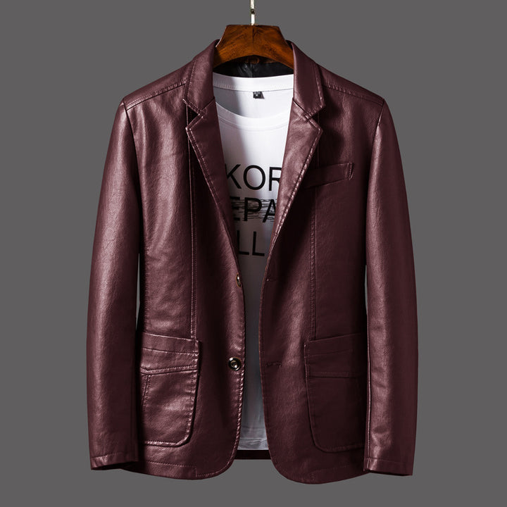 Herren Elegantes Kunstleder-Sakko mit Hemdkragen und aufgesetzten Taschen – Tianoro