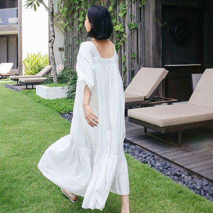 Damen Fließendes Maxikleid mit kastiger A‑Linie, quadratischem Rückenausschnitt und Stufensaum – Valéora