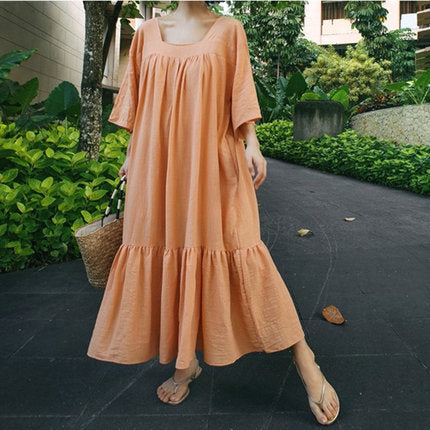 Damen Fließendes Maxikleid mit kastiger A‑Linie, quadratischem Rückenausschnitt und Stufensaum – Valéora