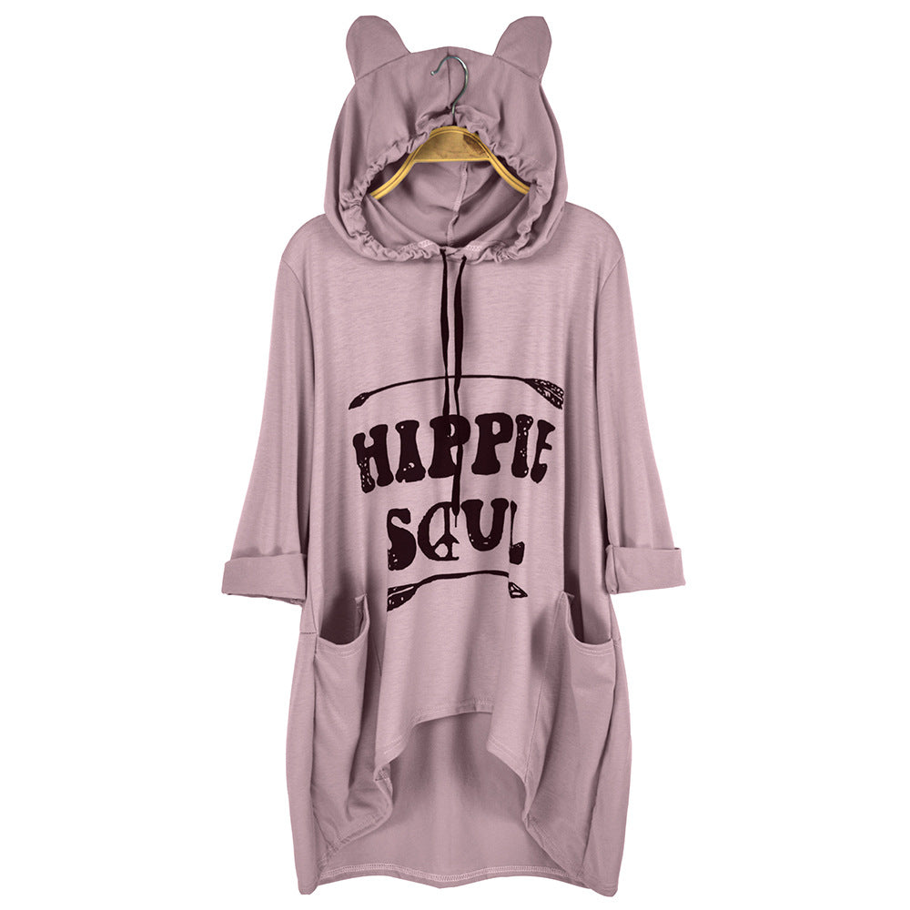Damen Oversize-Hoodie-Kleid mit Kapuze und Ohren, Kängurutaschen & Statement-Print – Auréline
