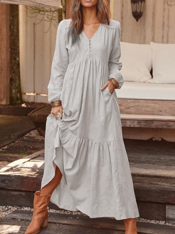 Damen nan luftiges Maxikleid mit V-Ausschnitt, langen Ärmeln und seitlichen Taschen Echo Archiv