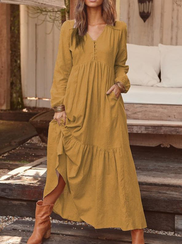 Damen nan luftiges Maxikleid mit V-Ausschnitt, langen Ärmeln und seitlichen Taschen Echo Archiv