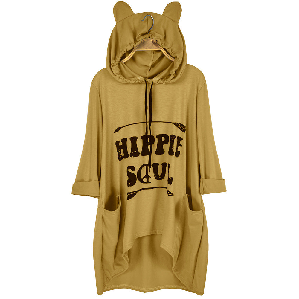Damen Oversize-Hoodie-Kleid mit Kapuze und Ohren, Kängurutaschen & Statement-Print – Auréline