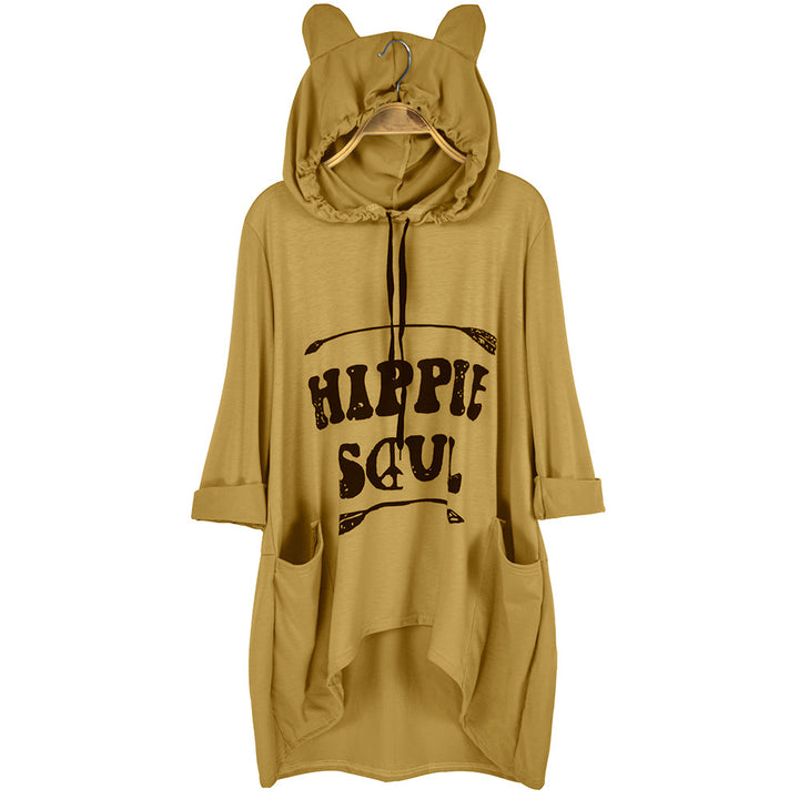 Damen Oversize-Hoodie-Kleid mit Kapuze und Ohren, Kängurutaschen & Statement-Print – Auréline