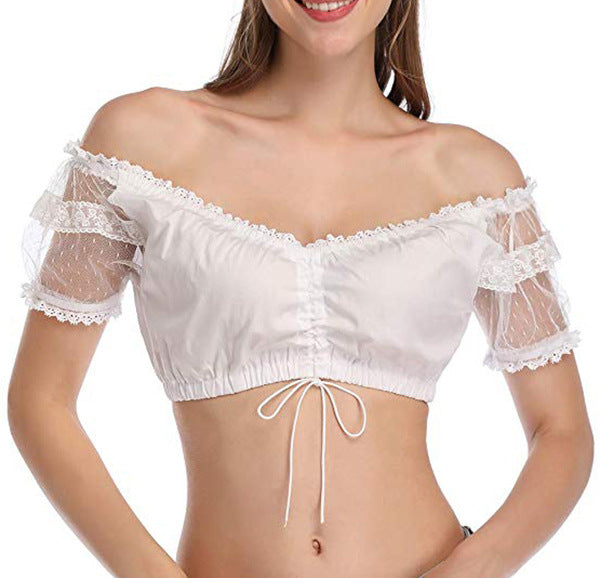 Damen  kurze Carmenbluse mit Spitzenärmeln und gerafftem Tunnelzug Echo Archiv