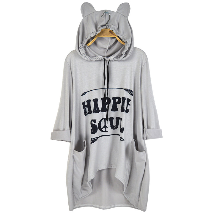 Damen Oversize-Hoodie-Kleid mit Kapuze und Ohren, Kängurutaschen & Statement-Print – Auréline