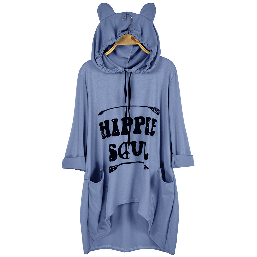 Damen Oversize-Hoodie-Kleid mit Kapuze und Ohren, Kängurutaschen & Statement-Print – Auréline