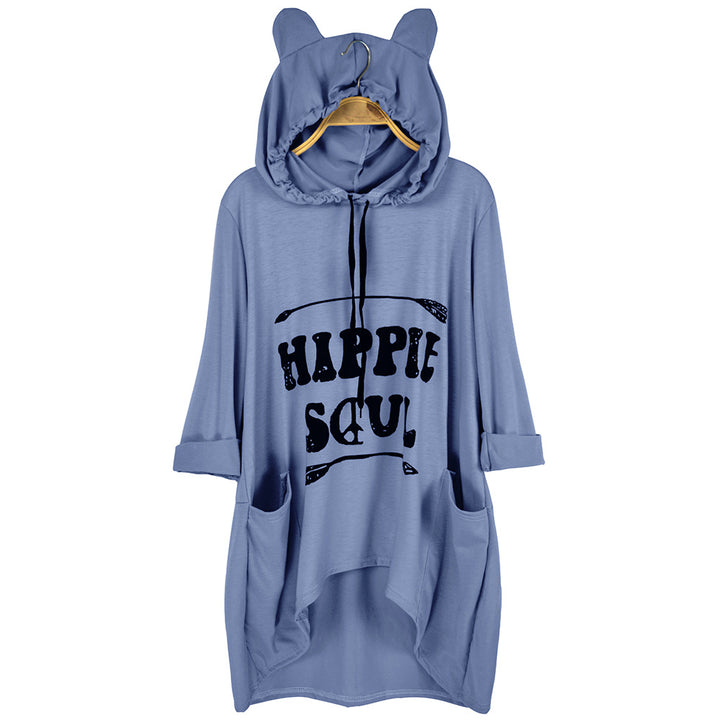 Damen Oversize-Hoodie-Kleid mit Kapuze und Ohren, Kängurutaschen & Statement-Print – Auréline