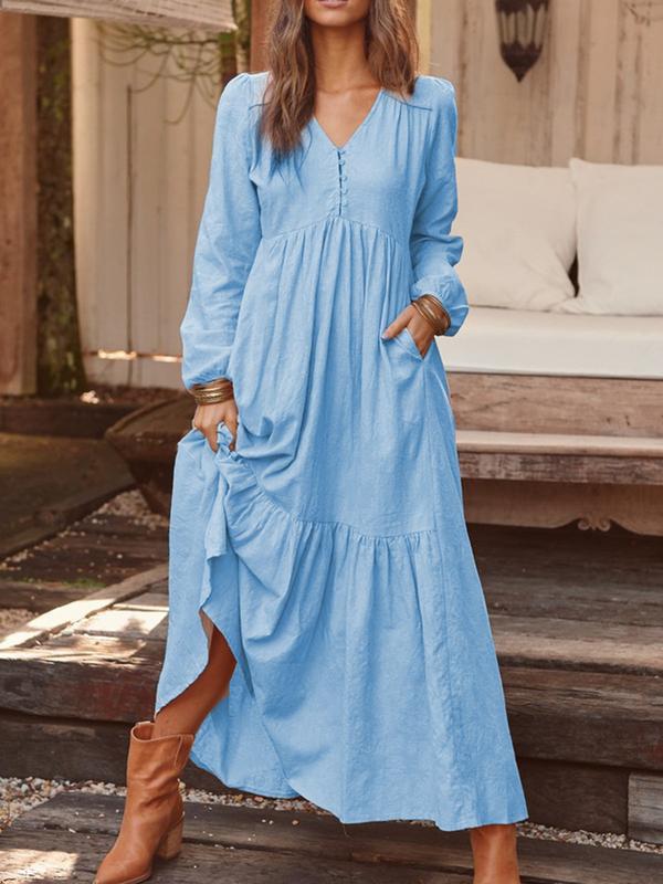 Damen nan luftiges Maxikleid mit V-Ausschnitt, langen Ärmeln und seitlichen Taschen Echo Archiv