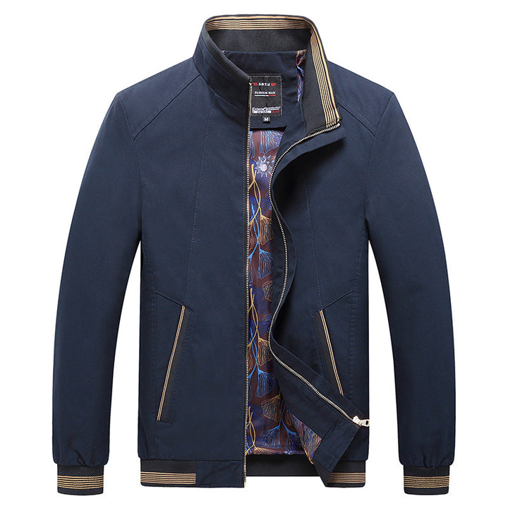 Herren Leichte Harrington-Jacke mit Stehkragen, verdecktem Reißverschluss, gestreiften Rippbündchen & gemustertem Innenfutter Echoarchiv